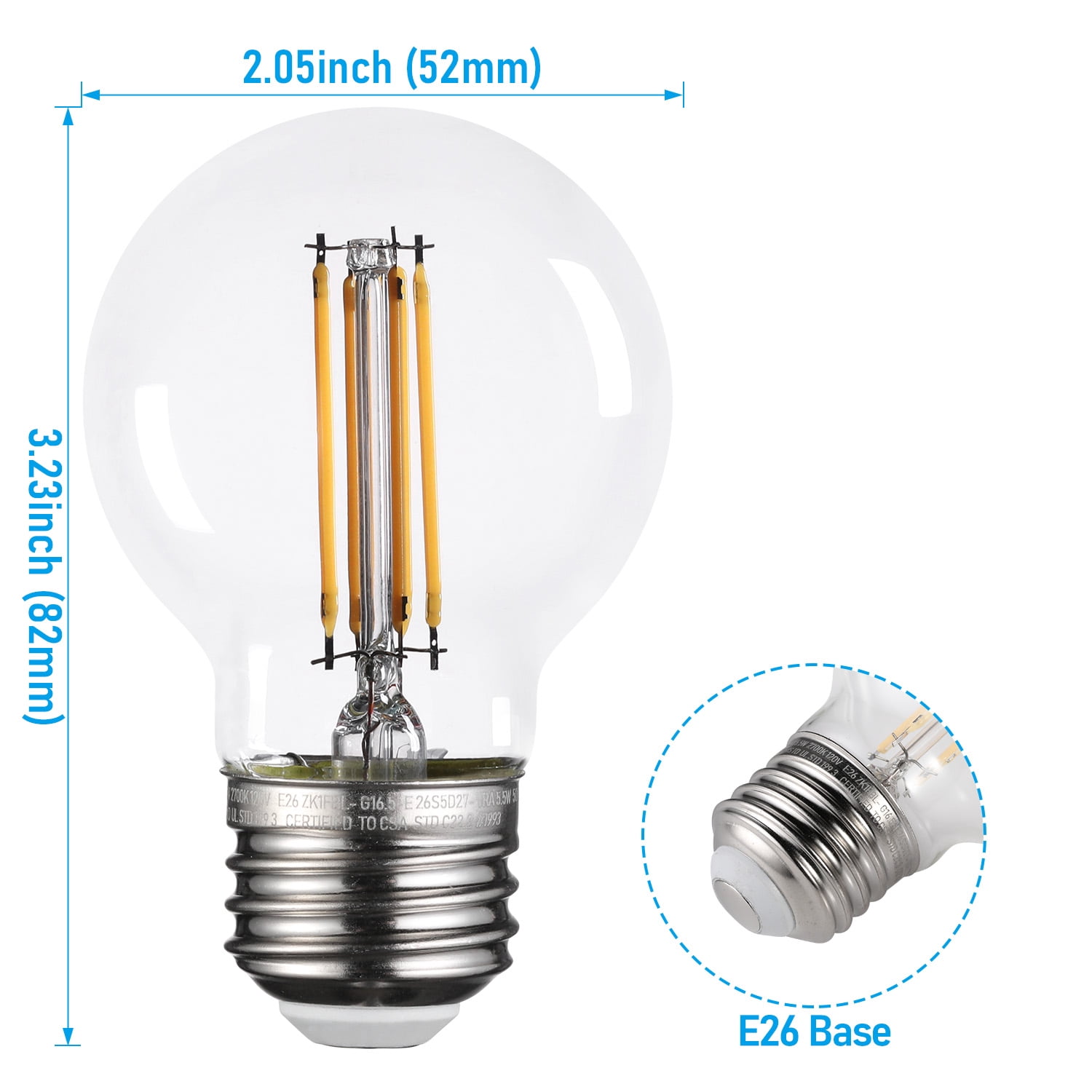 12 Pack Dimmable G16.5 LED Bulb, 5.5W (60W Eqv.), E26 Base, 500lm, Edison Filament Bulb for Chandelier, Ceiling Fan, Vanity, 2700K Soft White Clear Glass
