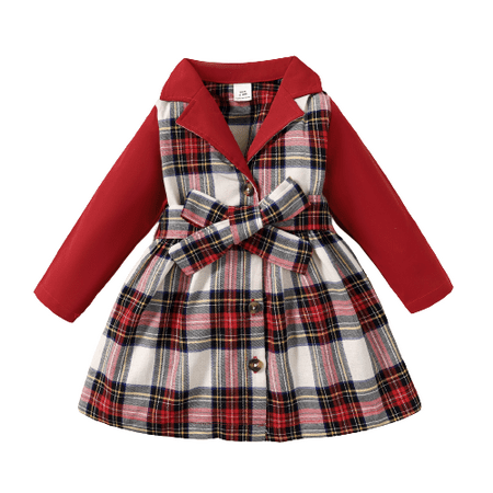 

MIKRDOO Dress For Girls Turn-down Collar Plaid Print One Piece Beauty Dress Red 12-18 Months
