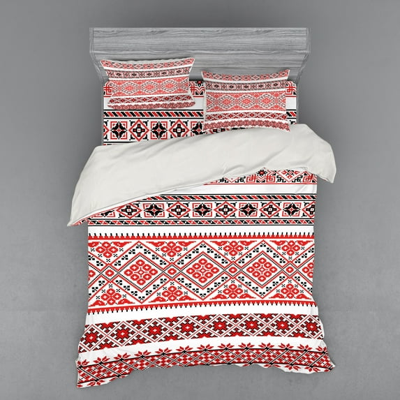 Art Duvet Cover Set, Traditional Ukrainian Borders Frames Ornaments Old Fashioned Cultural Motifs, Bedding Set with Shams and Fitted Sheet, 3 Sizes, by Ambesonne