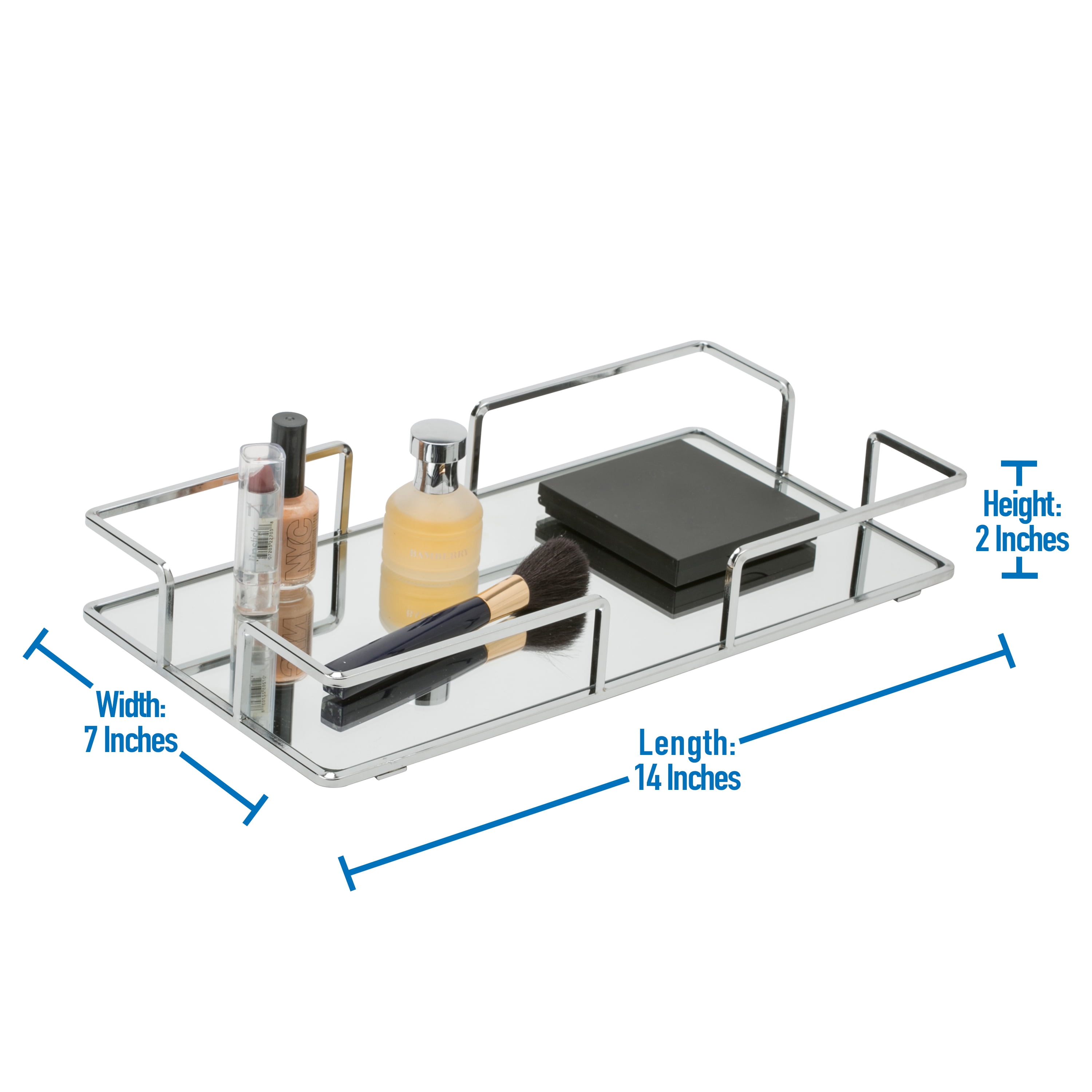 Home Details Modern Rectangular 7" x 14" Vanity Mirror Tray Makeup Organizer, Chrome