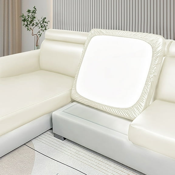FURNIX PU Leather Sofa Cushion Covers Set 2,Waterproof Stretch Slipcovers White,Living Room Furniture Protector,Elastic Anti-Slip,Easy Fit Removable Washable