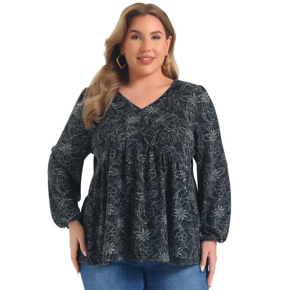 DARING DIVA Women's Plus Babydoll V Neck Lantern Sleeve Blouses 1X Black