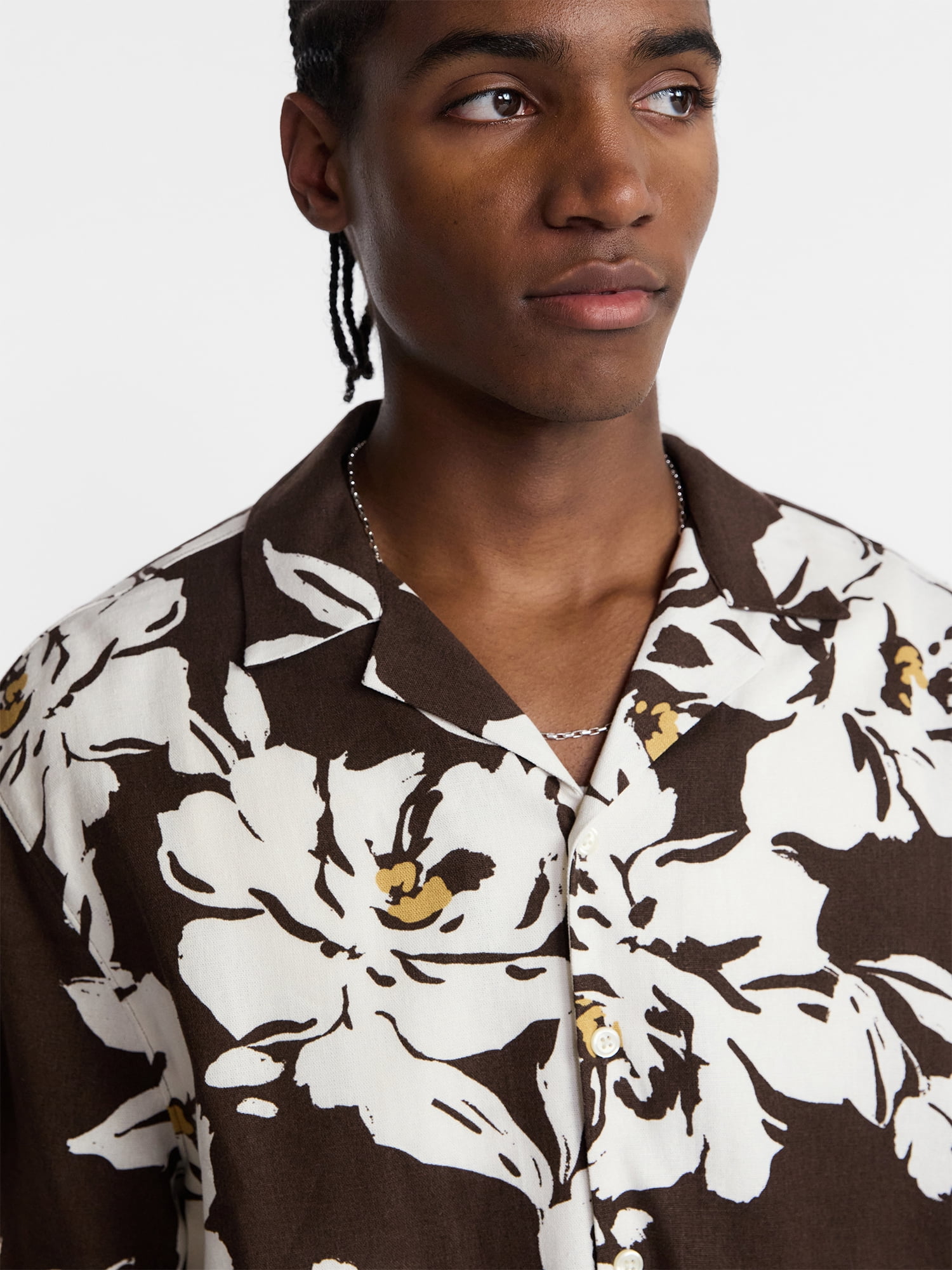 No Boundaries Boxy Fit Linen Blend Patterned Resort Shirt, Men's XS-4XLT