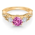 thumbnail image 2 of Gem Stone King 18K Yellow Gold Plated Silver Pink Created Sapphire White Lab Grown Diamond and White Moissanite Engagement Ring for Women (1.47 Ct, Gemstone September Birthstone, Round 6MM, Size 8), 2 of 4