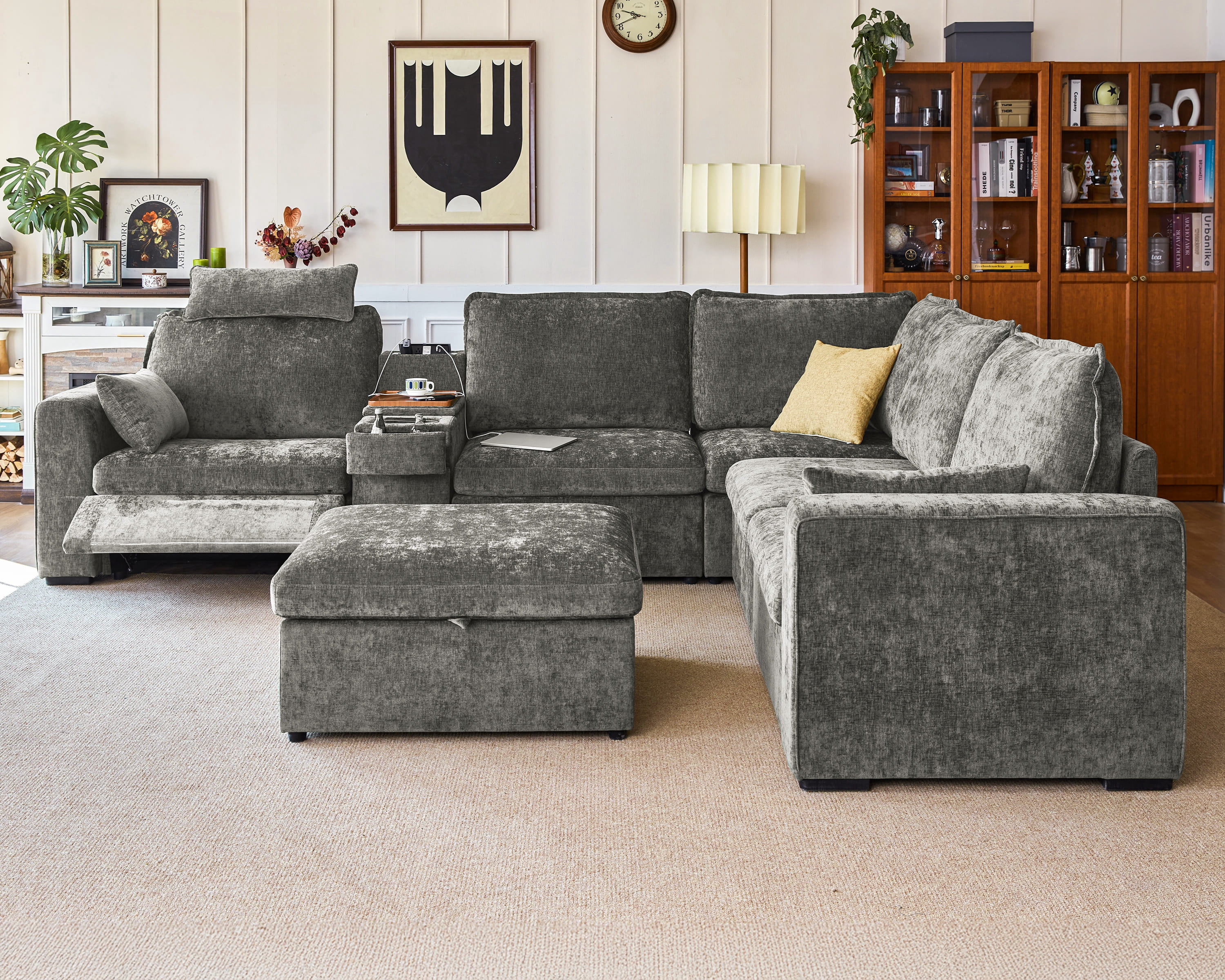 BEDEEP 133.9'' Power Recliner Sofa with Headrest Console, Modular Cloud Sectional Chenille Reclining Couch with Storage Ottoman Chaise, Convertible 6-Seater Sofa Couch for Living Room RV, Gray