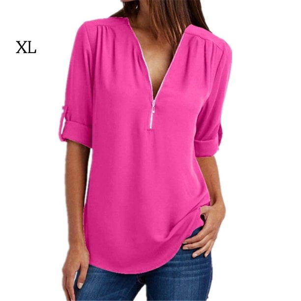 Qarigey - Camisa de manga corta con cuello en V para mujer con cremallera decorativa Prendas para la parte del cuerpo Rosa roja SG