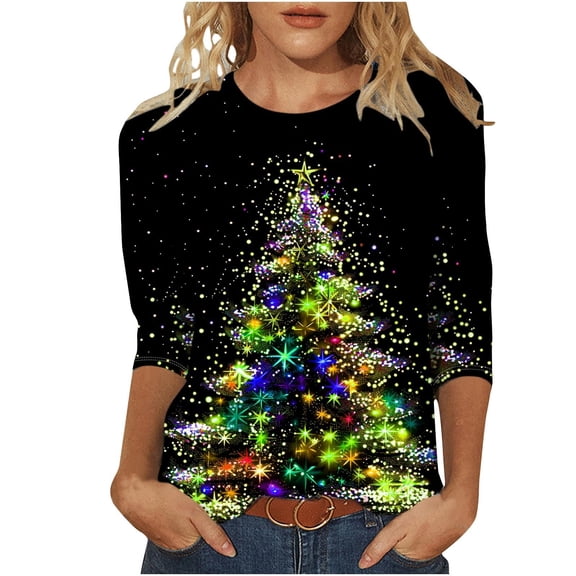 Ugly Christmas Shirts for Women Funny Shinny Xmas Tree Printed Tees Casual 3/4 Sleeve Merry Christmas Tunic Tops