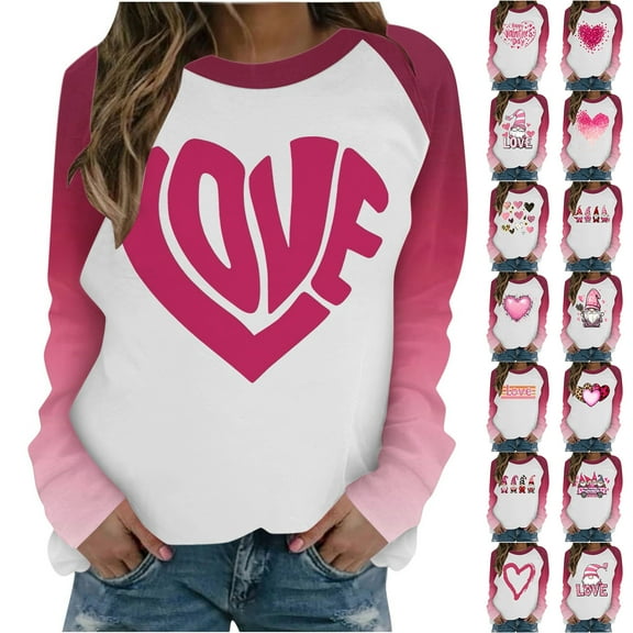 JTZGDY Valentines Day Cute Heart Print Shirts for Women Raglan Long Sleeve Pattern Graphic Crewneck Holiday T-Shirts Trendy Oversized Comfy Pullover Sweatshirts Multicolor#05 XXL