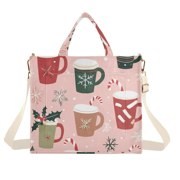 FORMRS Womens Corduroy Tote Bag Crossbody Shoulder Handbag with Pocket, Brown Christmas Cups