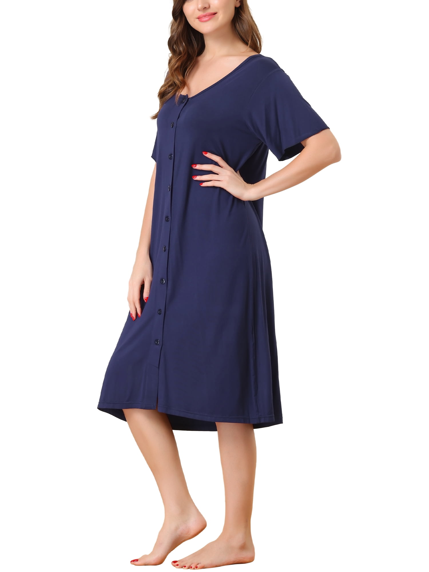 Unique Bargains Womens Modal Nightshirt Soft Button Down Short Sleeve Nightgown
