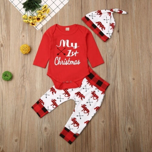 Mon 1er Noel Bebe Fille Nouveau Ne Vetements de Noel Romper Pantalons Chapeau Vetements 3PCS Tenues de Noel Ensemble Walmart