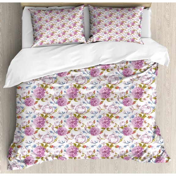 Flower Duvet Cover Set Queen Size, Vintage Style Blossoming Flowers Pattern Colorful Nature Composition in Pastel Tones, Decorative 3 Piece Bedding Set with 2 Pillow Shams, Multicolor, by Ambesonne