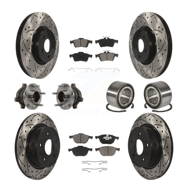 Transit Auto Front Rear Wheel Hub Bearing Assembly Coated Disc Brake Rotor and Ceramic Pads Kit (10Pc) for Car 2014 Ford Connect 104.8" wheel base Left Right Side (Driver Passenger) KBB-117565