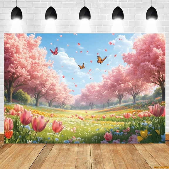Spring Cherry Blossom Trees Backdrop Nature Scery Flowers Grass Butterfly Blue Sky Birthday Party Baby Kids Photo Background