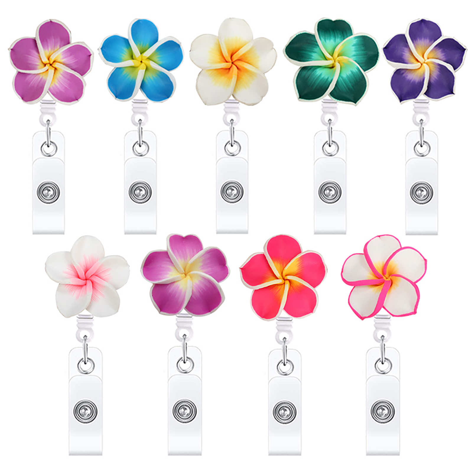 Yesbay 4Pcs Badge Reel 3D Handcrafted Plumeria Shape Elegant Retractable  Flower Badge Clip Office Supplies 