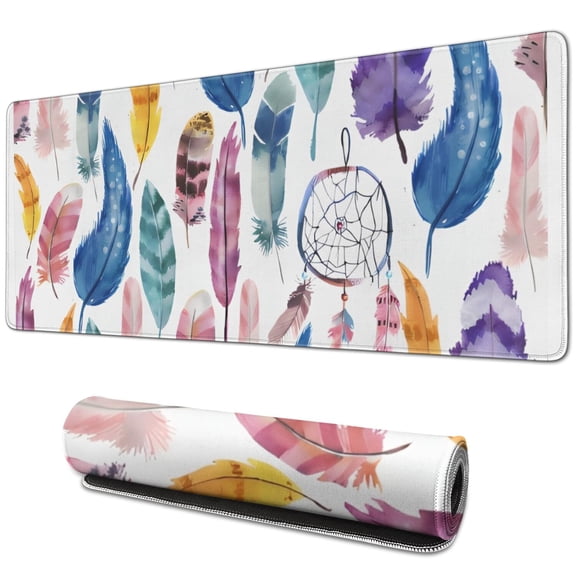 Long Mouse Pads for Desk,Watercolor Feather and Dreamcatcher Desk Mats on Top Of Desks, Desk Mouse Pad Extra Large with 3mm Non-Slip Base and Stitched Edge for Gaming,Work,Home 31.5"x11.8"