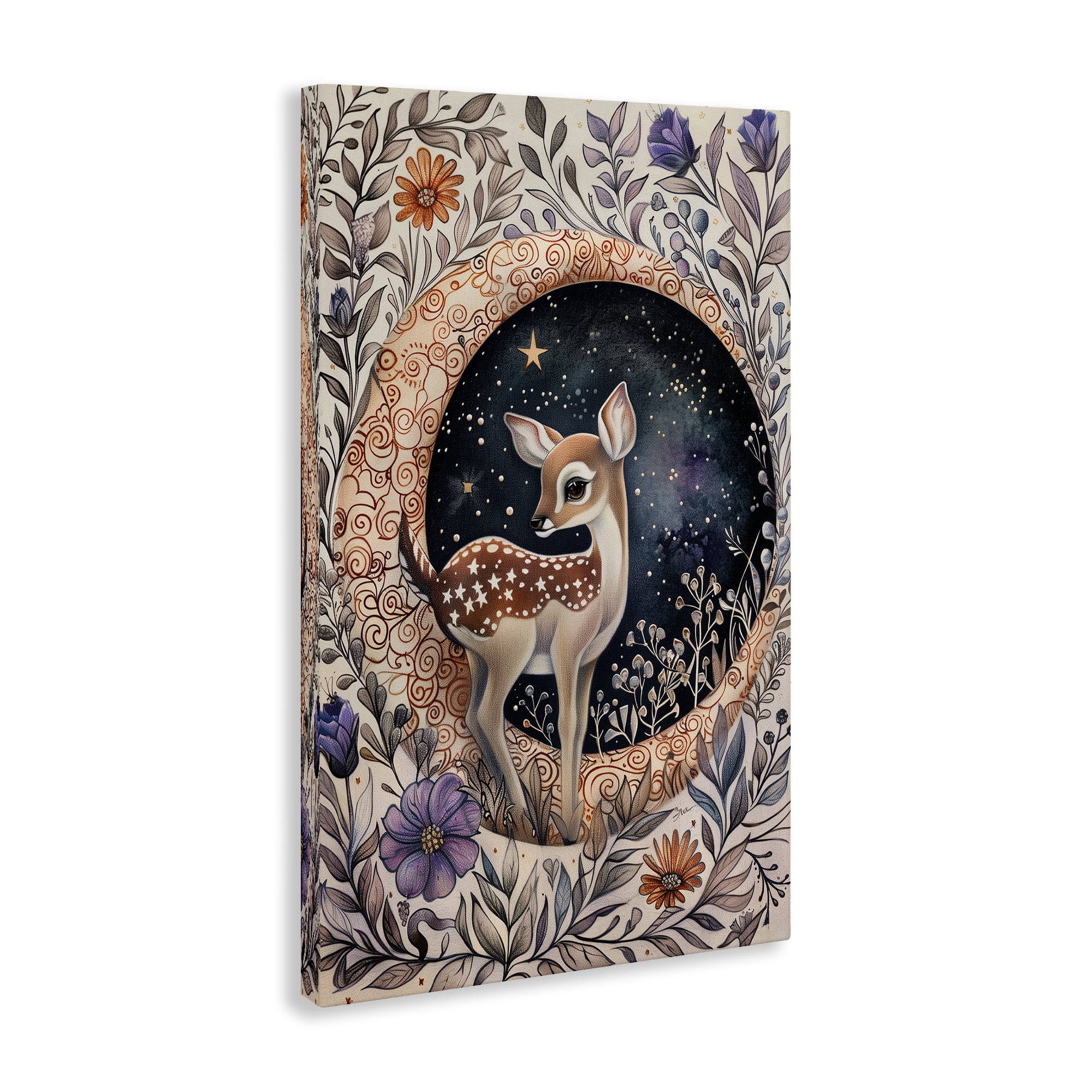 Stupell Industries Floral Fawn & Moon Animals & Insects Painting Gallery Wrapped Canvas Art Print Wall Art, 16 x 24