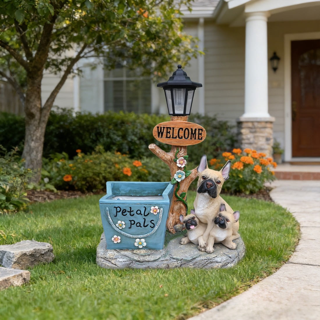 French Bulldog Family Planter Statue Outdoor Resin Garden Decor Dog Sculpture with Built in Flower Pot Decorative Yard Lawn Patio Porch Accent