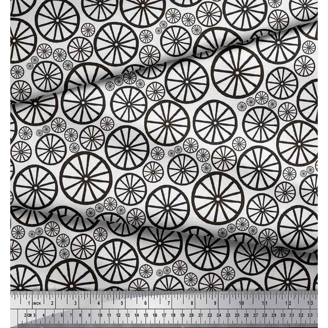 Soimoi Black polyester Crepe Fabric Wheel Ethnic Decor Fabric Printed Yard 42 Inch Wide