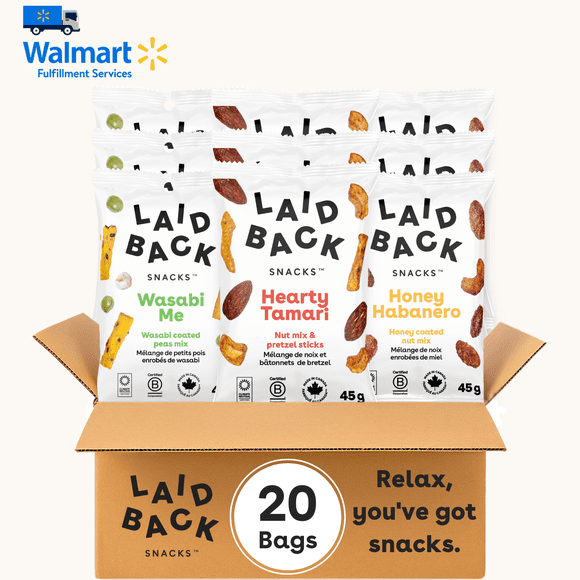 Laid Back Snacks | Savoury Snacks Mix Mini Size Variety Pack (Hearty Tamari, Honey Habanero, Wasabi Me) - 20 bags of 45g
