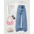 thumbnail image 7 of OYYN Baggy Jeans for Girls Wide Leg High Elastic Waist Adorned with Cute Bow Trendy Y2K Denim Pants Boyfriend Skater Streetwear & School, 7 of 7