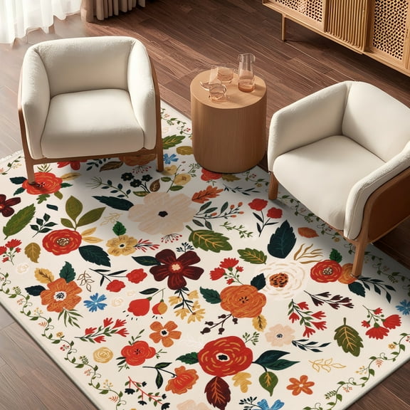 3x5 ft Living Room Area Rug Machine Washable Boho Area Rug Non Slip Floral Vintage Low Pile Large Rug for Living Room, Bedroom, Farmhouse, Dining Room, Kids Playroom