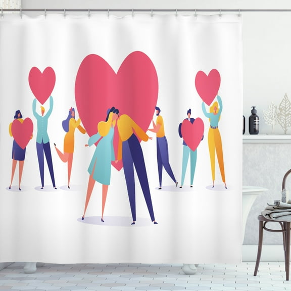 Kissing Shower Curtain, Colorful Illustration of People Holding Heart Symbols on Plain Backdrop, Fabric Bathroom Set with Hooks, 69W X 84L Inches Extra Long, White and Multicolor, by Ambesonne