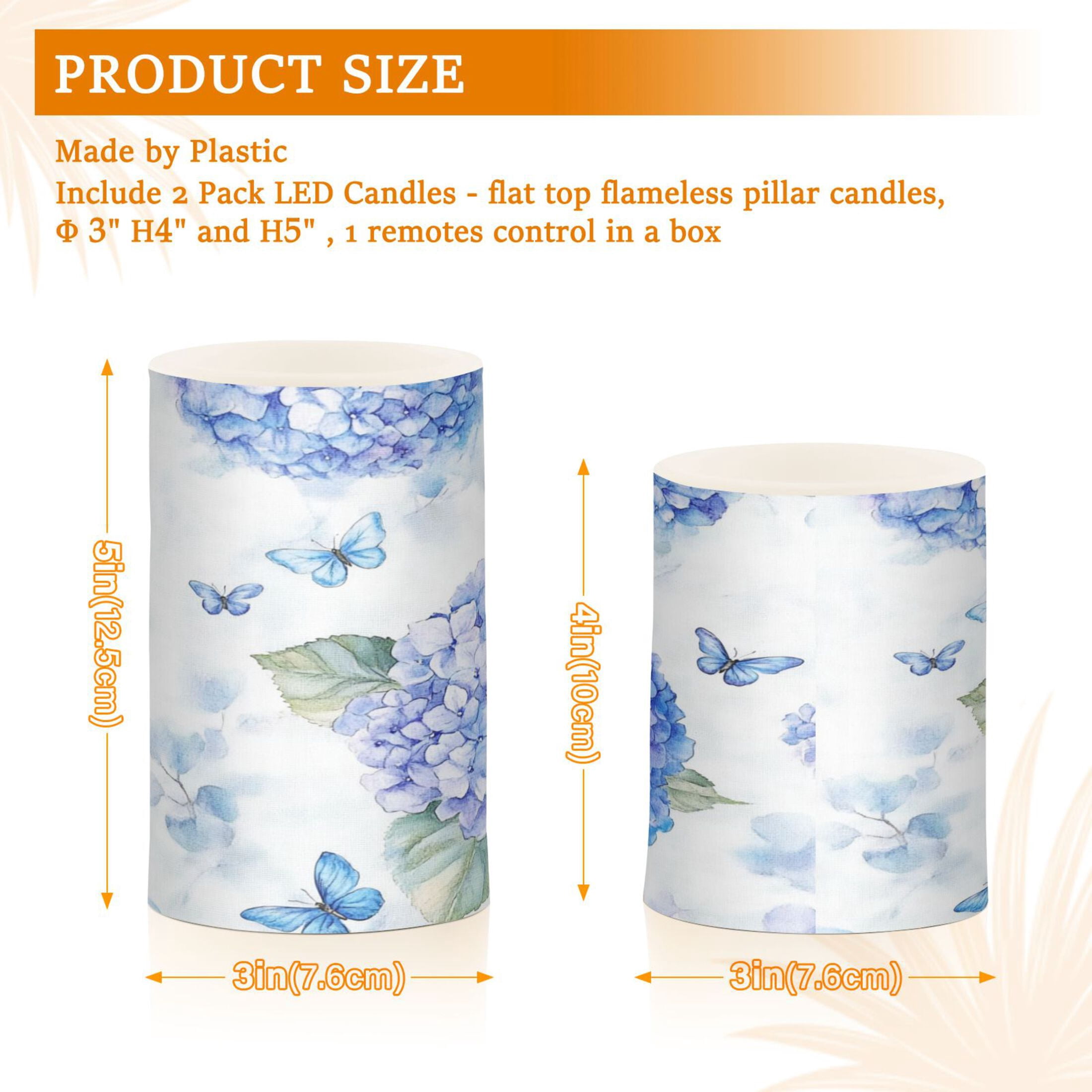 2 PCS Flameless Candles with Remote Timer LED Battery Operated Flickering Candle Light for Wedding Table Home Decoration Gifts Blue Hydrangea Pattern