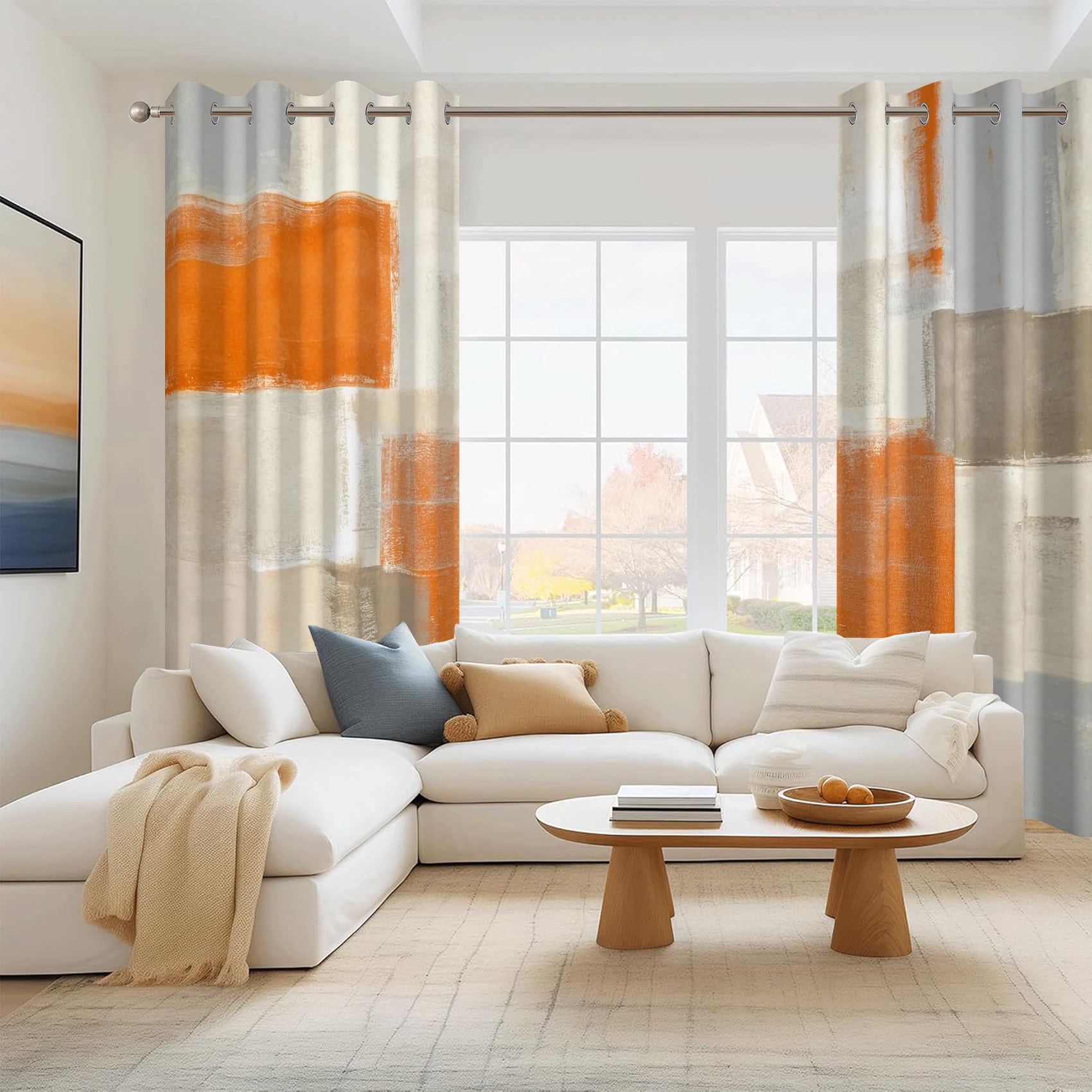 2 Panels Orange Abstract Blackout Curtain for Bedroom,Grey Geometric Grommet Curtain for Living Room,52x96 Inch