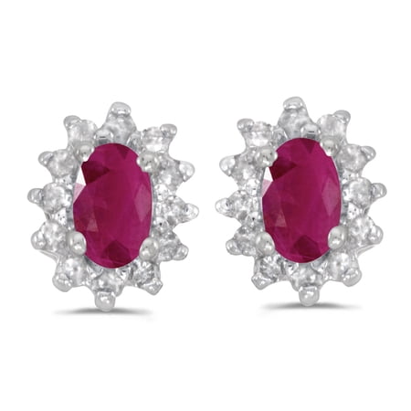 10k White Gold Oval Ruby And Diamond Earrings