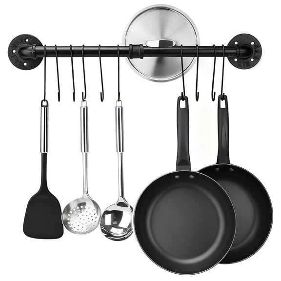 Heavy Duty Industrial Pipe Pot Rack, 31.5 in/80 cm Wall Mount Kitchen Organizer, Black Metal Storage Shelf for Pans, Lids, and Utensils