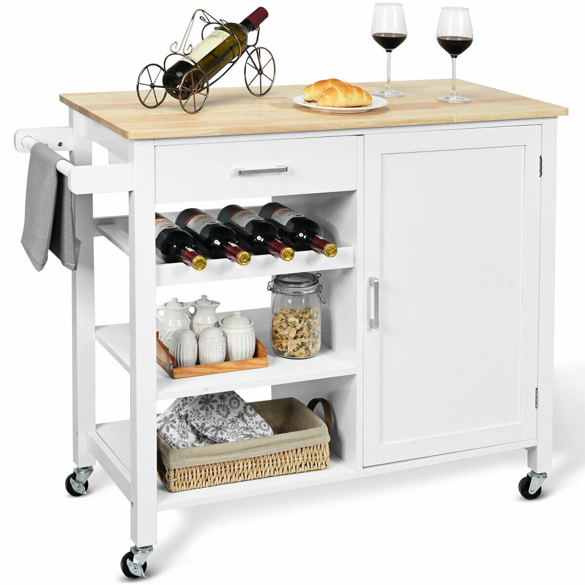 Wheeled Wooden Kitchen Island with a Shelf for Plates and Wine Bottle Rack Relaxdays JAMES Bamboo Serving Trolley Cart with 2 Drawers and 3 Baskets Natural 80 x 67 x 37 cm XXL