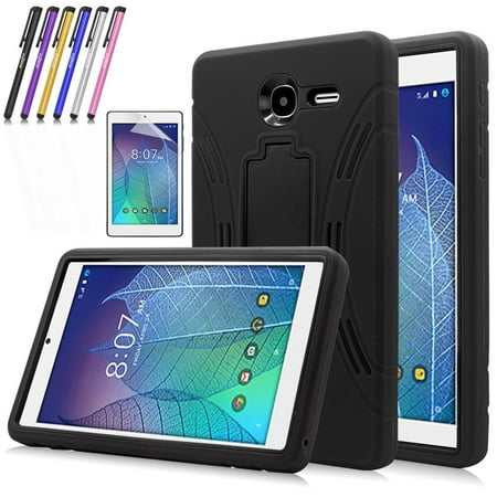 Alcatel One Touch Model P310a Mignova Heavy Duty rugged impact Hybrid Case with Build In Kickstand Protective Case For Alcatel Onetouch POP 7 LTE (T-Mobile 2016 Model 9015W) + Screen Protector Film and stylus pen (Black) ()