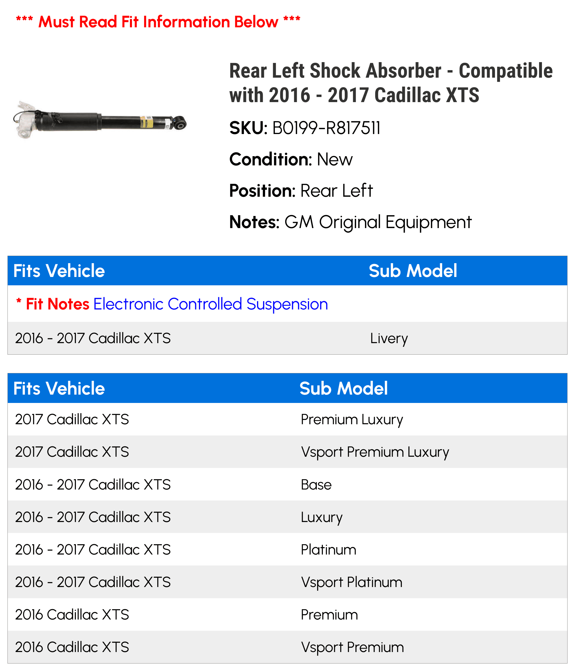 Rear Left Shock Absorber - Compatible with 2016 - 2017 Cadillac XTS