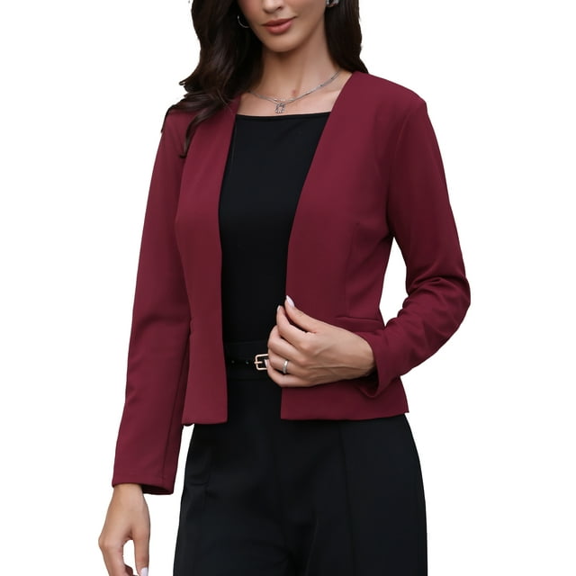Blazer INSPIRAR CHIC para mujeres, oficina de trabajo, casual, de manga larga, con frente abierto, sin cuello, chaquetas de traje con bolsillos L Burdeos