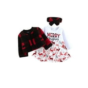 AvoDovA Baby Girl Christmas Dress Coat Suit Long Sleeve O-Neck Elk Midi Dress Plaid Velvet Cardigan Outwear+ Headband 3M-3Y Christmas Gifts