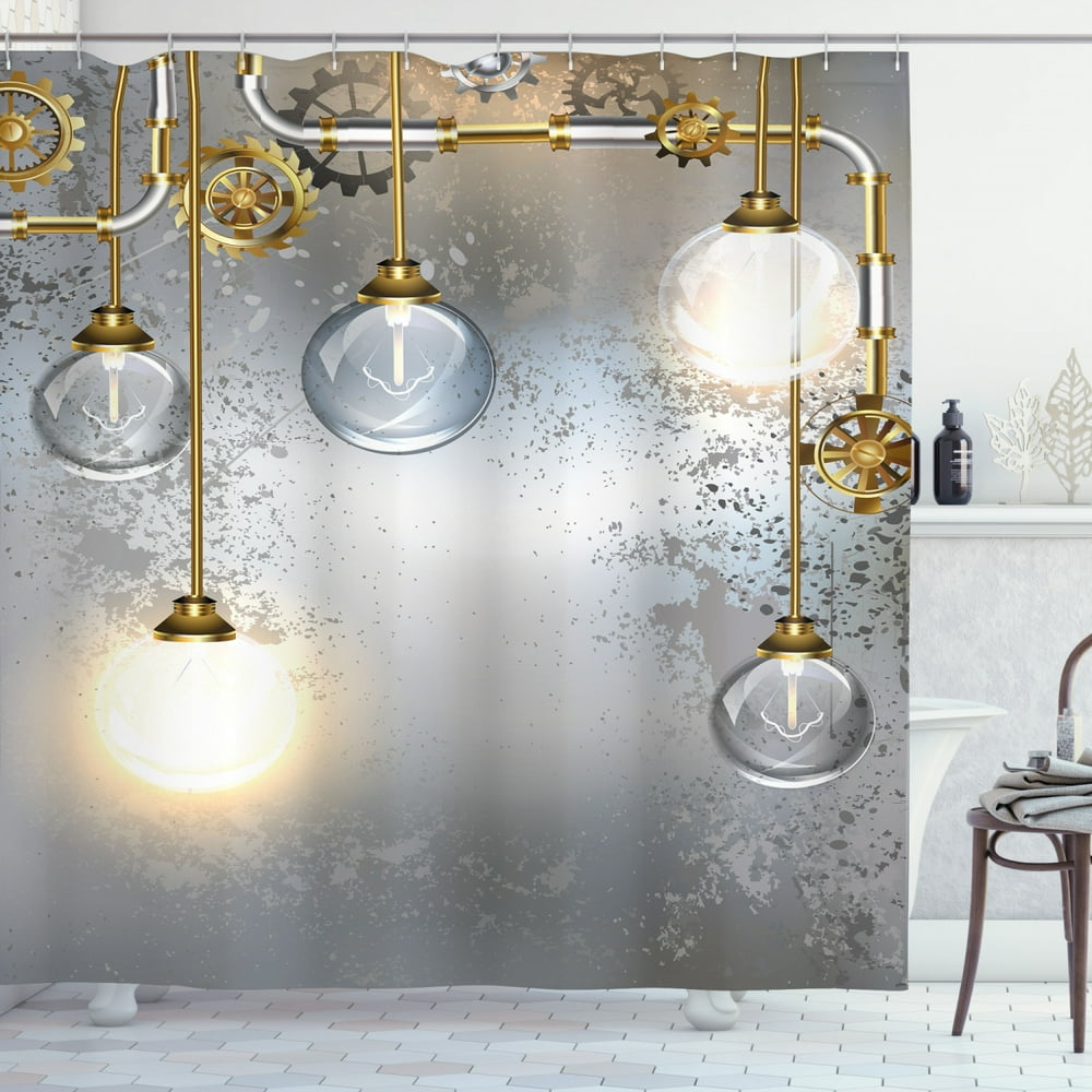 Industrial Shower Curtain, Steampunk Style Antique Composition Brass