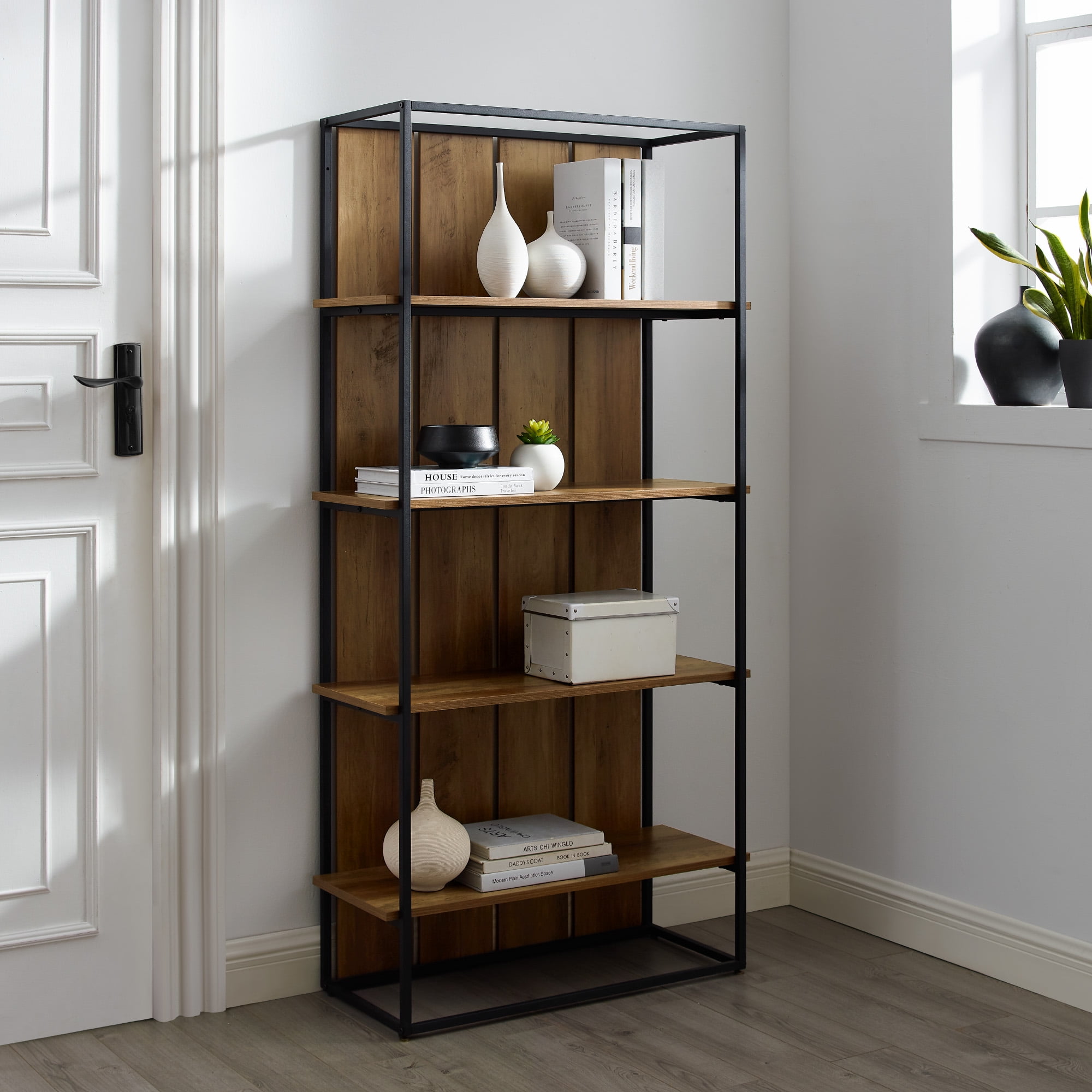 Woven Paths 64" Farmhouse 4 Shelf Bookcase, Barnwood/Black Walmart