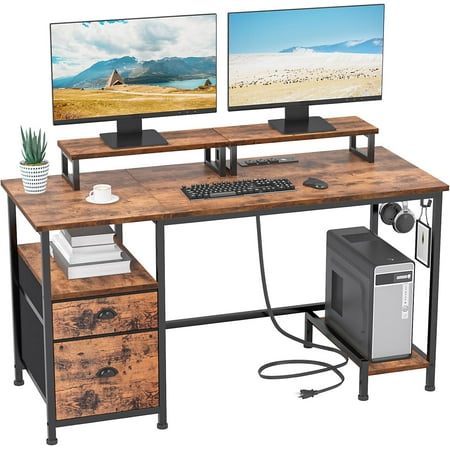 Furologee 47" Computer Desk with File Cabinet and Power Outlets, Home Office Desk with 2 Monitor Stands and Storage Drawer, Writing Gaming Table with Shelves and 2 Hooks for Bedroom, Rustic Brown