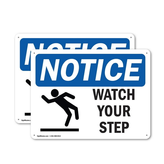 (2 Pack) Watch Your Step OSHA Notice Sign 10 Inch X 7 Inch Indoor / Outdoor Rust-Free Aluminum Metal Signs for Workplace, Workshop, and Construction Site, Made in the USA