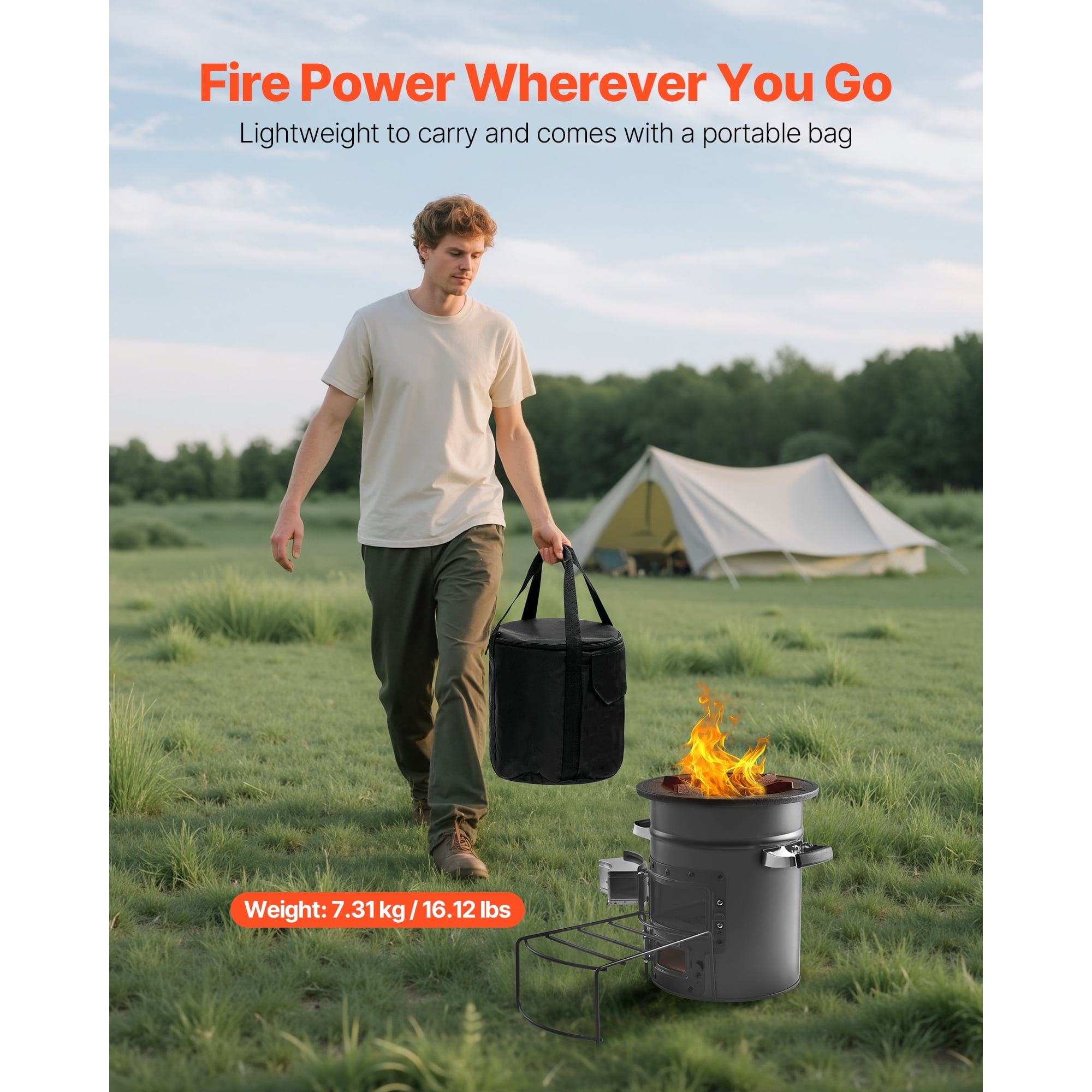 KFFKFF Portable Camping Rocket Stove, Wood-Fueled Outdoor Cooker with Carry Bag, Durable Steel Design,Dual Door,Suitable for Twigs, Sticks, or Charcoal,Ideal for Camping, Backyard,and Outdoor Cooking