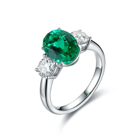 Oval Cut Lab-Created Emerald and Moissanite Engagement Ring in 925 Sterling Silver for Women