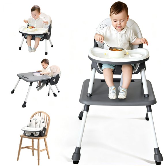 Juego de Mesa y Silla para Niños 3 En 1, Asiento Elevador Convertible para Comer con Respaldo Ajustable en 3 Posiciones, Bandeja Extraíble, Ruedas Giratorias de 360 Grados, 64 * 75 * 97cm (Gris)