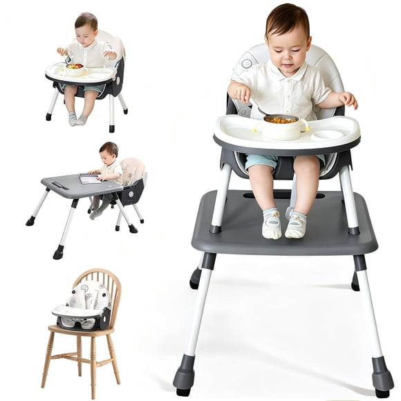 Juego de Mesa y Silla para Niños 3 En 1, Asiento Elevador Convertible para Comer con Respaldo Ajustable en 3 Posiciones, Bandeja Extraíble, Ruedas Giratorias de 360 Grados, 64 * 75 * 97cm (Gris)