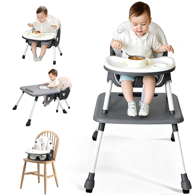 Juego de Mesa y Silla para Niños 3 En 1, Asiento Elevador Convertible para Comer con Respaldo Ajustable en 3 Posiciones, Bandeja Extraíble, Ruedas Giratorias de 360 Grados, 64 * 75 * 97cm (Gris)
