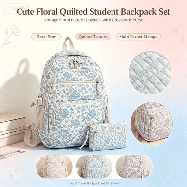 Cute Floral Quilted Student Backpack Set, Vintage Floral Pattern Daypack with Crossbody Purse, Multi-Pocket Casual Travel Backpack