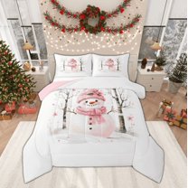 Manfei Pink Cute Snowman Queen Comforter Set for Teen, Christmas Cherry Blossoms Bedding Comforter Set, Happy New Year Reversible Bedding Set, Super Cozy Room Decor, 3-Piece