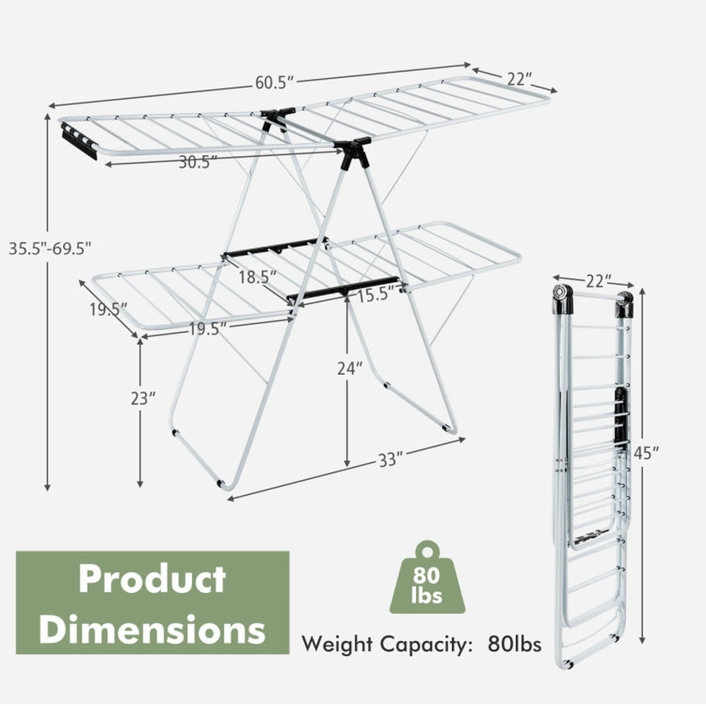 Finihen Drying Rack, Clothes Drying Rack, 2-Level Foldable Clothes Drying Rack with Adjustable Gullwing, for Indoor, Outdoor, White Finihen Drying Rack, Clothes Drying Rack, 2-Level Foldable Clothes Drying Rack with Adjustable Gullwing, for Indoor, Outdoor, White
