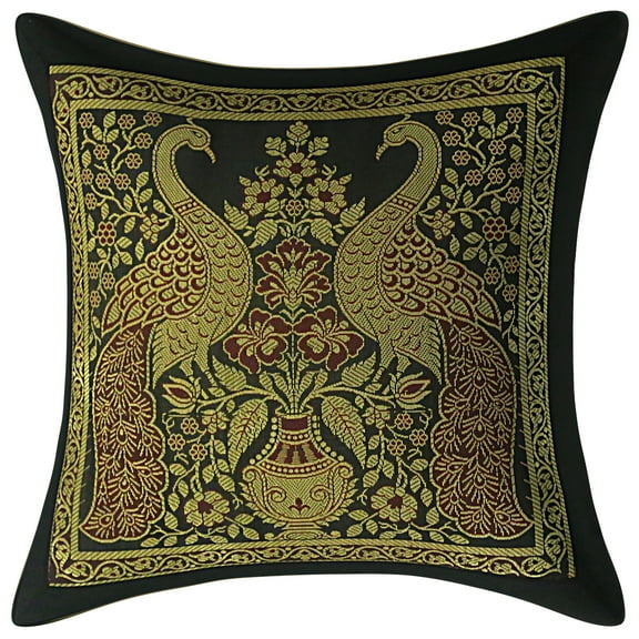 Stylo Culture Ethnic Couch Black And Gold Thanksgiving Pillow Covers Peacock Floral 12x12 Jacquard Weave Banarsi Decorative Sofa Throw Pillow Covers Brocade 30x30 cm Cushion Covers (1 Pc)
