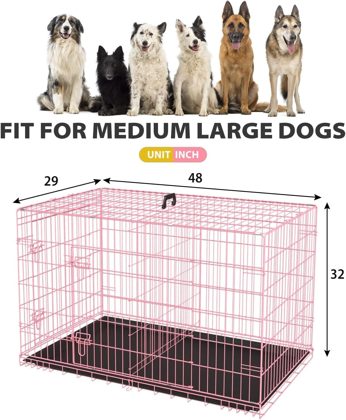 Extra Large Dog Crate Dog Kennel Cage with Double Door,48 inch Folding Metal Wire Dog Cage with Removable Tray&Divider Panel,Pet Crate for Large Dogs,Pink